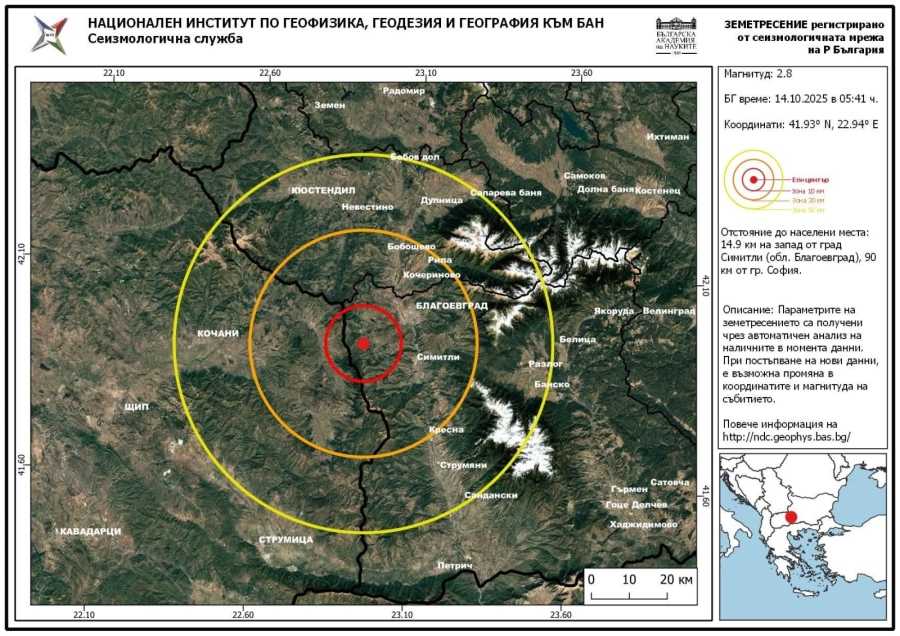 Земетресение с магнитут 2,8 люшна Симитли на Петковден