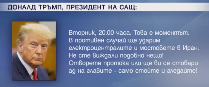 Отворете Ормузкия проток до вторник или следват удари, предупреди Тръмп